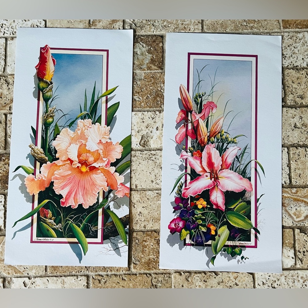“Iris & Lily” 2 prints Lawrence McKee Trompe l’oeil lithograph art print 6 x 12”